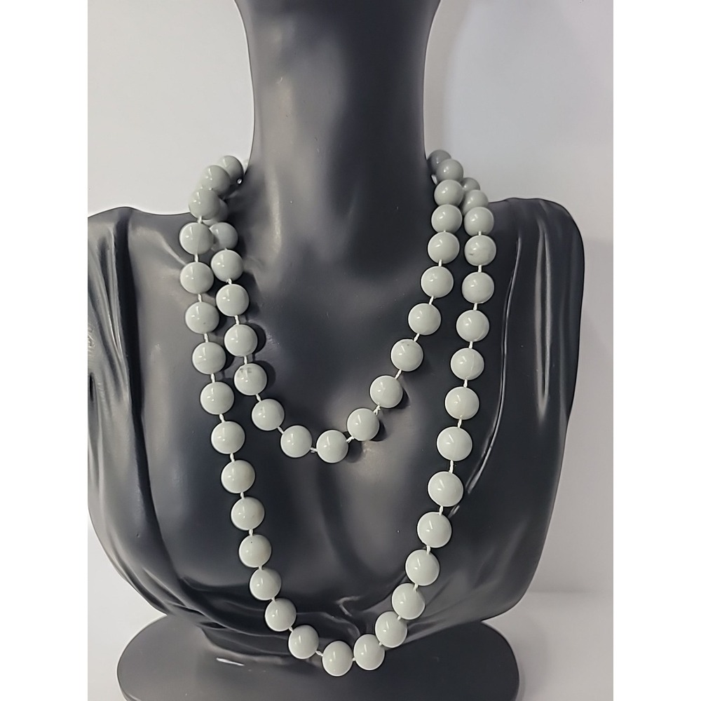 Vintage Gray Plastic Beaded Necklace Knotted Round Beads Jewelry